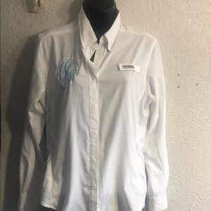 Elegant White Button-Down Shirt with Blue Detail